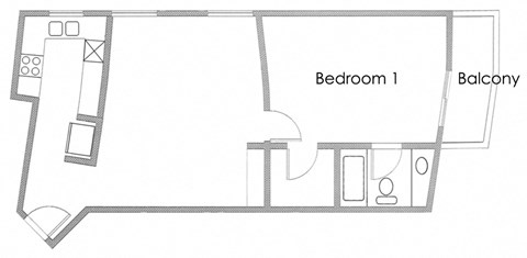 Floor plan for 1 bed, 1 bath, 679 sqft